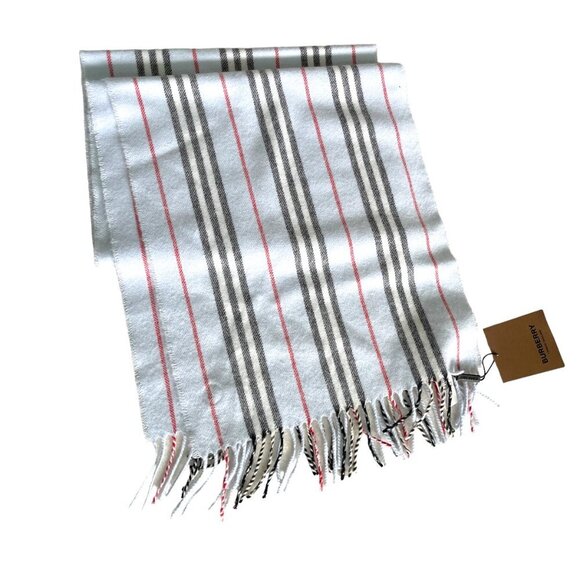 Burberry Small Icon Pale Blue Strip[ed Scarf Cashmere & Wool Silk, 168cm X 30cm - Picture 7 of 9